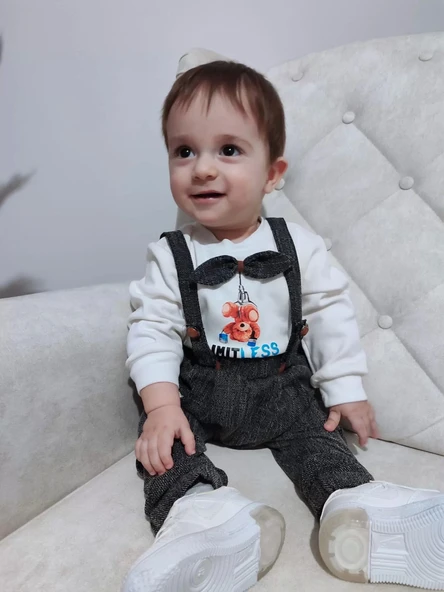 Lenaca 9-12-18 Ay Papyonlu Sweat Kot Pantolon 2li Erkek Bebek Salopet Takımı - 6