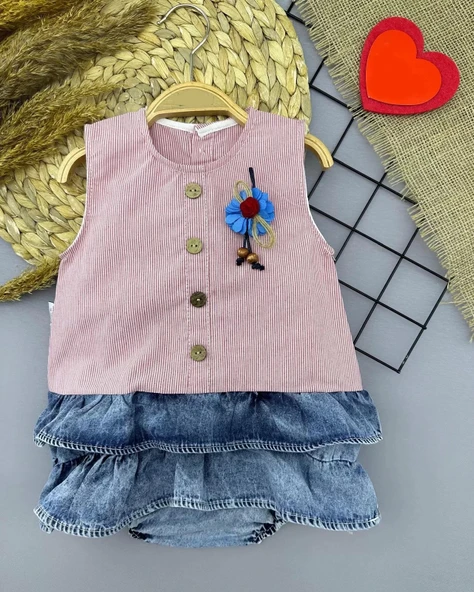 Lenaca 6-9-12-18 Ay Gül Rozet Detaylı Kot Kilotlu Etek Kız Bebek Elbisesi