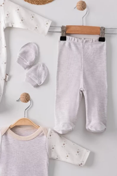 Lenaca Ayıcık Detaylı Nakışlı Tulumlu % 100 Pamuk Erkek Bebek 5'li Set - Resim 3