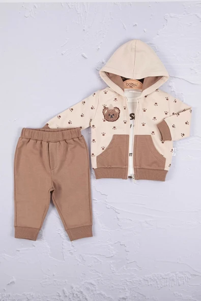 Lenaca Persona Bear Nakışlı % 100 Pamuk 3'li Erkek Bebek Takım