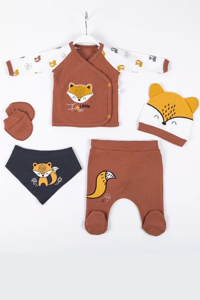 Lenaca Little Fox Nakışlı 5'li % 100 Pamuk Erkek Bebek Hastane Çıkış Seti