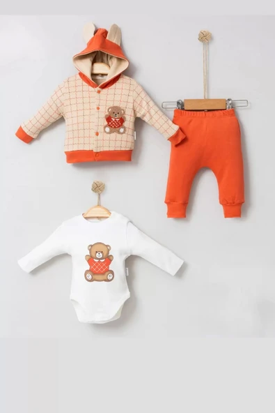 Lenaca Bear Çizgili % 100 Pamuk Hırkalı 3'lü Bebek Takımı