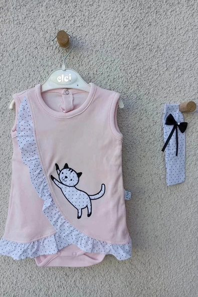 Lenaca Kız Bebek Pembe Kedili Fırfırlı Bandanalı Badi