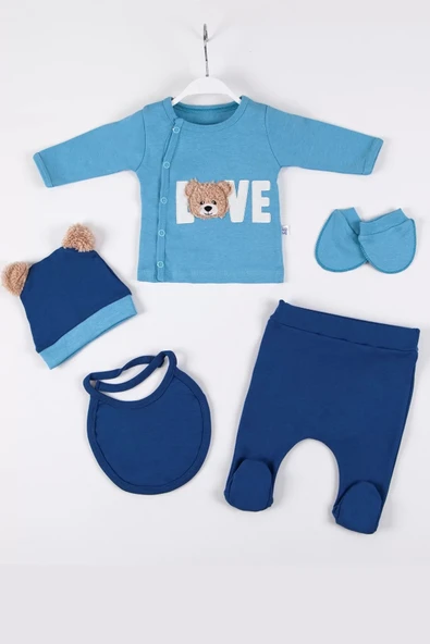 Lenaca Love Bear Nakışlı 5'li % 100 Pamuk Erkek Bebek Hastane Çıkış Seti