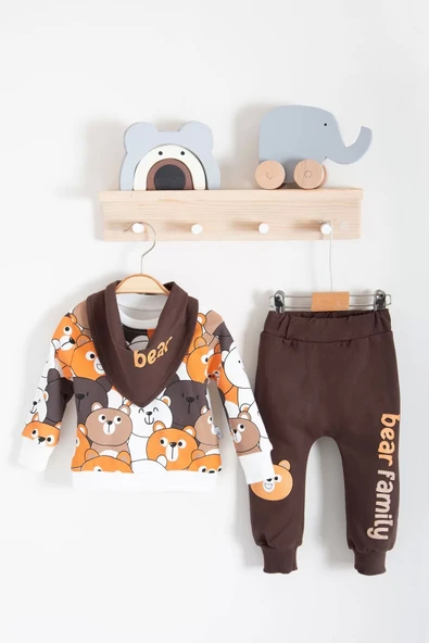 Lenaca Family Bears Desenli 3'lü Fularlı Erkek Bebek Takımı