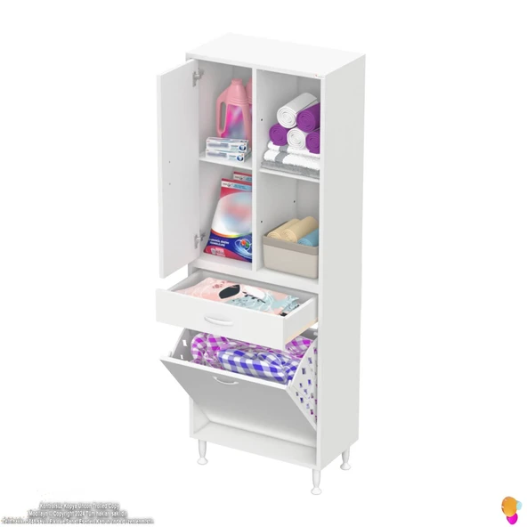 Modilayn AFRA 55x173x32,5cm 1 Çekmece, 1 Göz Sepet, 1 Kapak, 4 Raf Dar Alan Banyo Dolabı - 5