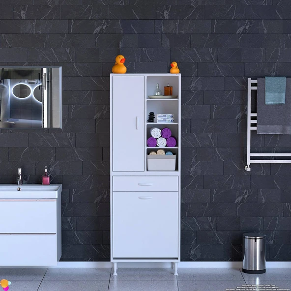 Modilayn AFRA 60x173x32,5cm 1 Çekmece, 1 Göz Sepet, 1 Kapak, 8 Raf Dar Alan Banyo Dolabı - 3