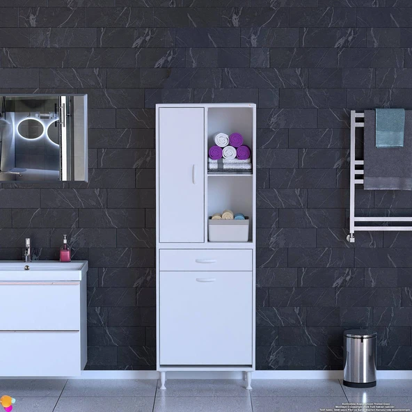 Modilayn AFRA 55x173x32,5cm 1 Çekmece, 1 Göz Sepet, 1 Kapak, 4 Raf Dar Alan Banyo Dolabı - 3