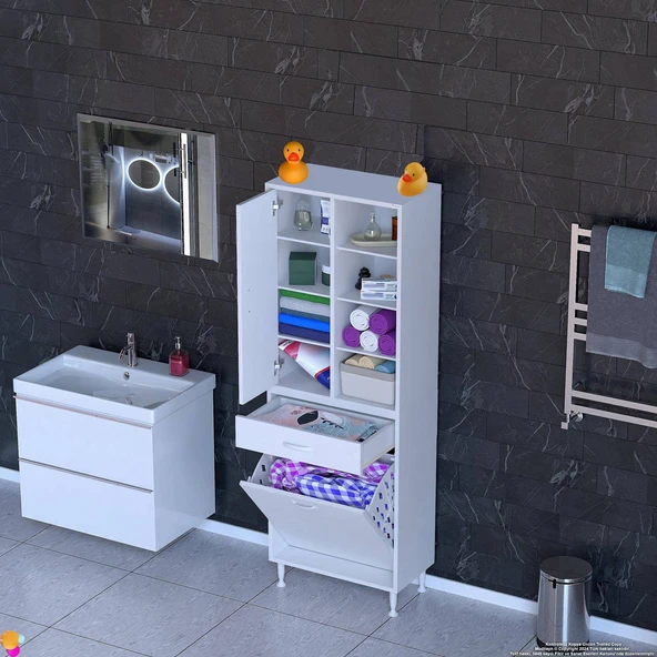 Modilayn AFRA 55x173x32,5cm 1 Çekmece, 1 Göz Sepet, 1 Kapak, 8 Raf Dar Alan Banyo Dolabı
