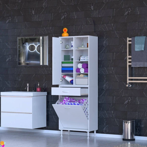 Modilayn AFRA 55x173x32,5cm 1 Çekmece, 1 Göz Sepet, 1 Kapak, 8 Raf Dar Alan Banyo Dolabı - Resim 2