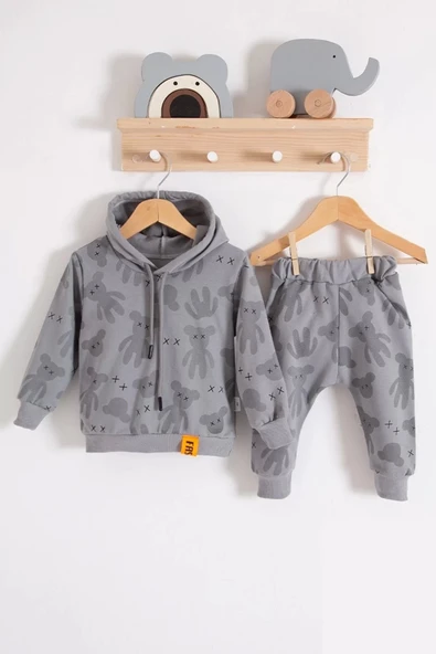Lenaca Cool Bear Kapüşonlu % 100 Pamuk Erkek Bebek Takımı