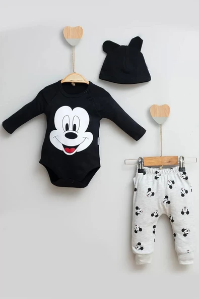 Lenaca Mickey Desenli Şapkalı 3'lü Erkek Bebek Takımı