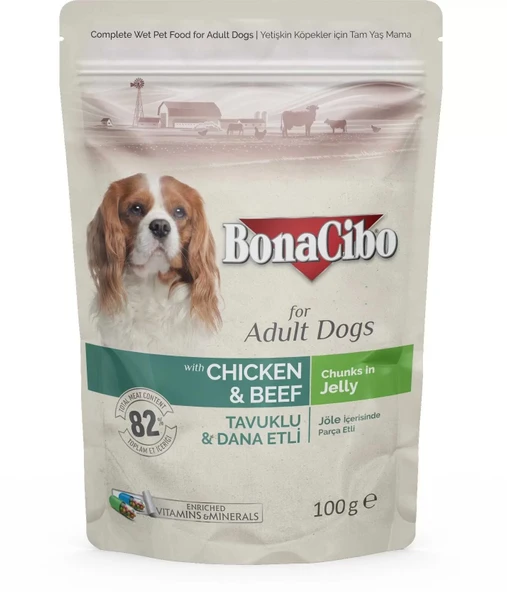 Bonacibo Jöleli Tavuklu-Dana Etli Pouch Yetişkin Köpek Yaş Maması 100Gr