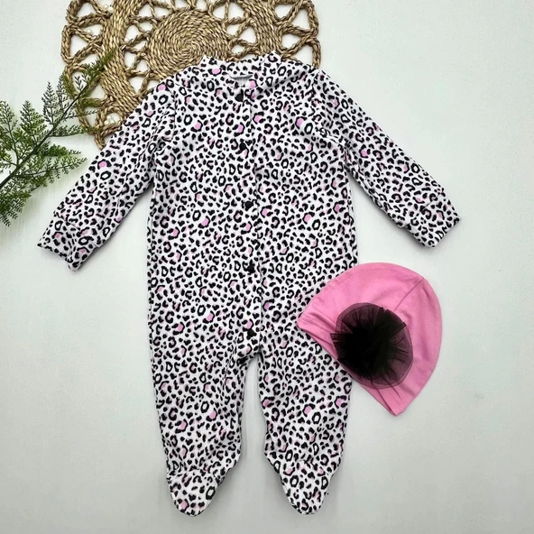 Lenaca 0-3-6-9 Ay Leopar Baskılı Tam Boy Çıtçıtlı Patikli Güllü Boneli Kız Bebek Tulumu