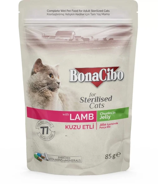 Bonacibo Jöleli Kuzu Etli Pouch Kısırlaştırılmış Yetişkin Kedi Yaş Maması 85Gr - 2