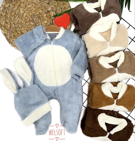 Lenaca 3-6-9-12 Ay Tavşan Kulak Şapkalı Fermuar Kapamalı Patikli Eldivenli Tüylü Erkek Bebek Tulumu ürün görseli