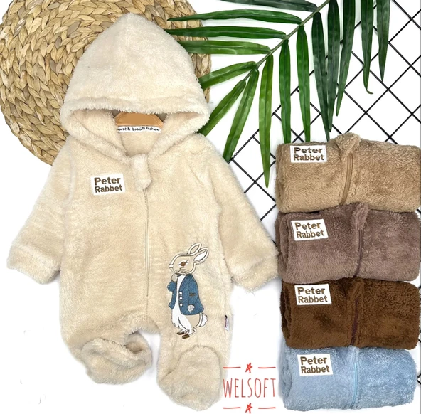 Lenaca 3-6-9-12 Ay Rabbit Tavşan Nakışlı Fermuar Kapamalı Patikli Tüylü Erkek Bebek Tulumu ürün görseli