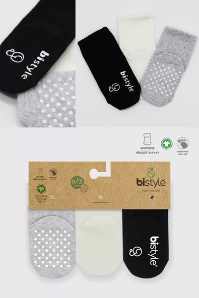 Lenaca Kaymaz Penye Soket Çorap 3'lü  Siyah Ekru Gri - 6