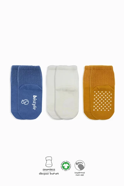 Lenaca Basic Kaymaz Penye Soket Çorap 3'lü Bs10107 İndigo Ekru Hardal