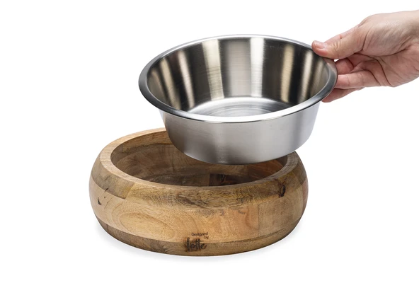 Beeztees DBL Köpek Mama Su Kabı, Dışı Masif Ahşap, Paslanmaz Çelik, 21cm, 1300ml - 4