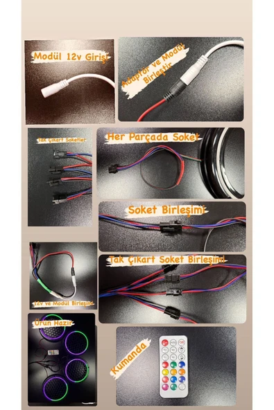 POZART AUDİO SYSTEMS Piksel Neon Ledli 20cm Midrange Hoparlör Kapağı 4adet Kapak+Modül Soketli Tak Çıkart Kolay Montaj - 7