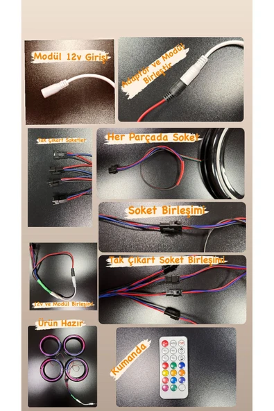 POZART AUDİO SYSTEMS Piksel Neon Ledli 20cm Peteksiz Hoparlör Midrange Çemberi 4kapak+Modül Kolay Montaj Jack Soketli - 6