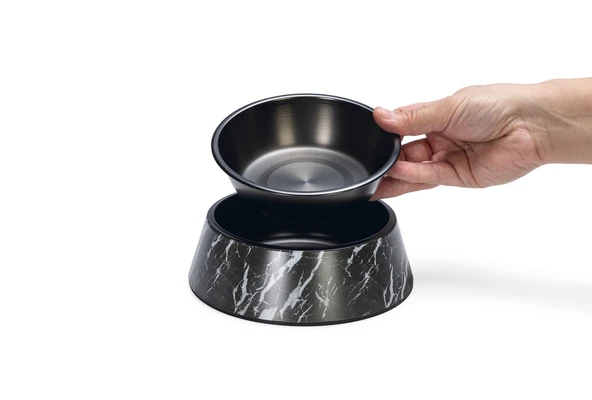 Beeztees DBL Köpek Mama Su Kabı, Mat Siyah Paslanmaz Çelik, Siyah Mermer Görünümlü, 17,5cm, 350ml - Resim 4