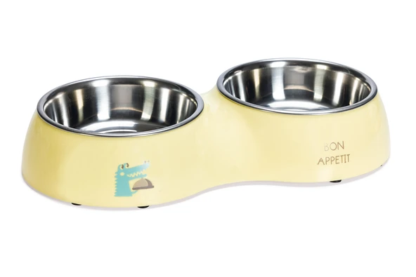 Beeztees Köpek İkili Mama ve Su Kabı, Paslanmaz Çelik, Sarı, 34x17,5cm, 2x350ml