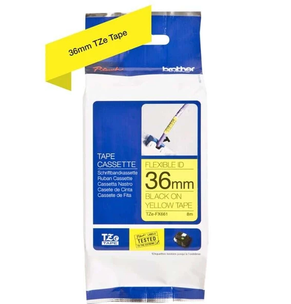 Tonersepeti Brother TZe-FX661 36mm Sarı üzerine Siyah Esnek Laminasyonlu  Etiket