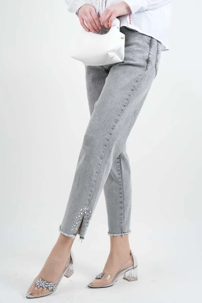 Kot Pantolon Bayan Paça Püsküllü Yan Taş Yırtmaçlı Denim Pantolon Açık Gri