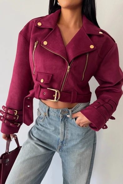 SÜET CROP CEKET KOL 3 KEMER DETAYLI - Bordo - 3