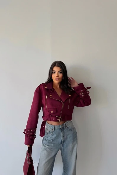 SÜET CROP CEKET KOL 3 KEMER DETAYLI - Bordo - 4