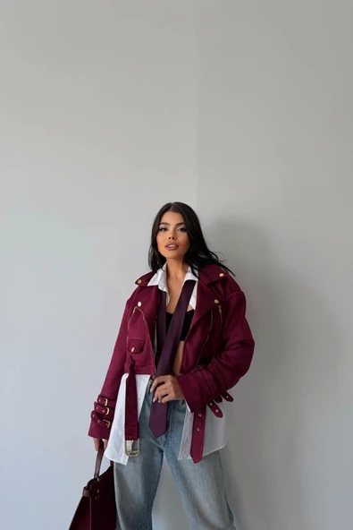 SÜET CROP CEKET KOL 3 KEMER DETAYLI - Bordo - 1