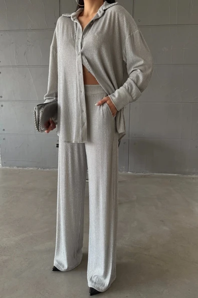 SİMLİ GÖMLEK - PANTOLON TAKIM - Gümüş - Resim 2