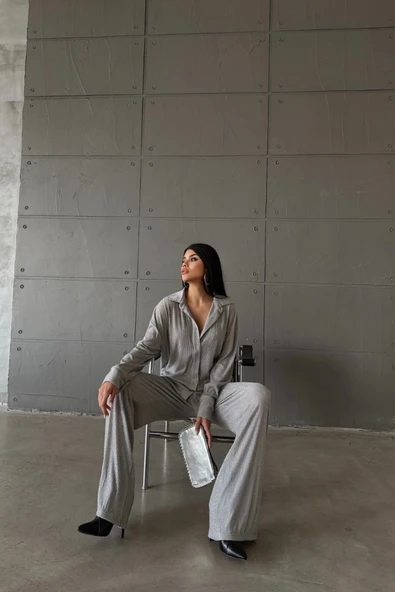 SİMLİ GÖMLEK - PANTOLON TAKIM - Gümüş - Resim 3