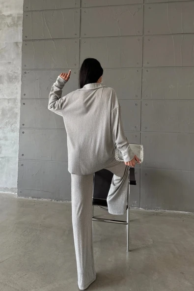 SİMLİ GÖMLEK - PANTOLON TAKIM - Gümüş - Resim 4