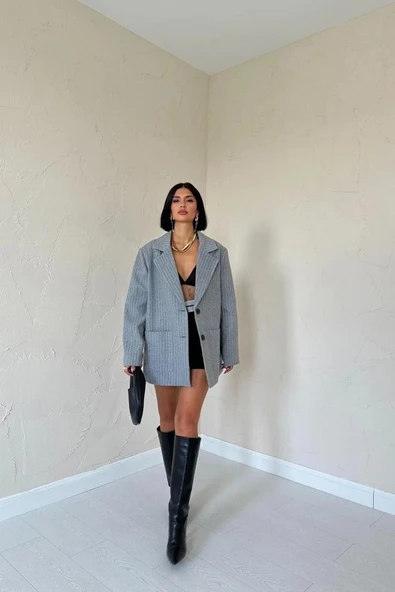 Gri Çizgili Oversize Ceket