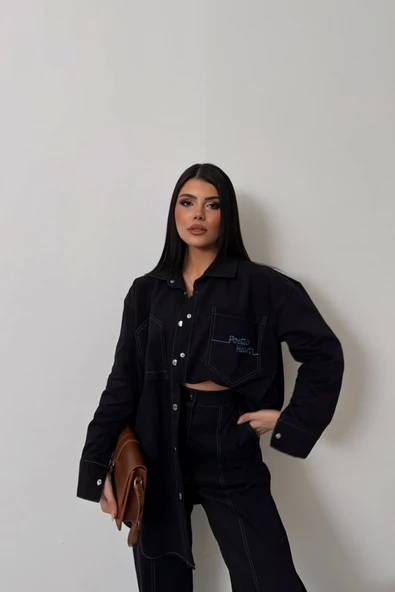 DENİM PUNTOLU GÖMLEK-PANTOLON TAKIM - Mavi - Resim 3