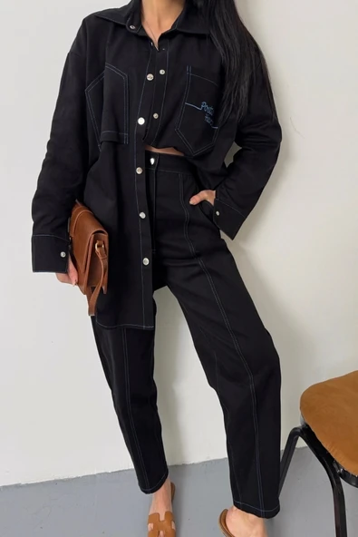 DENİM PUNTOLU GÖMLEK-PANTOLON TAKIM - Mavi - Resim 2