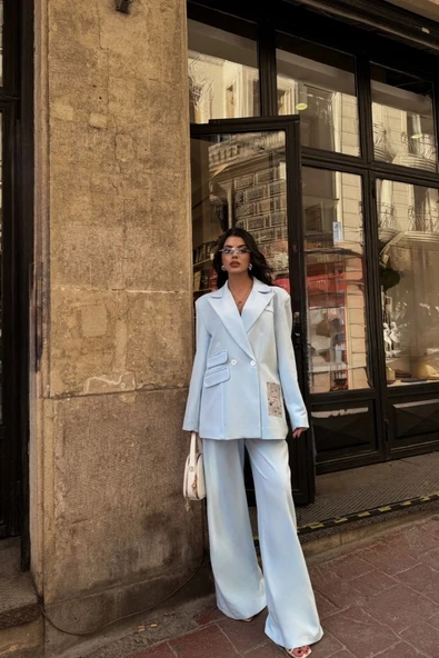 TASARIM ETİKET DETAYLI CEKET - PANTOLON TAKIM - Bebe Mavi - 4