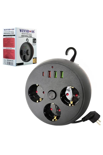 Akım Korumalı Makaralı 2m Kablolu 3 Prizli 3 USB 1 Type-C Priz - 2