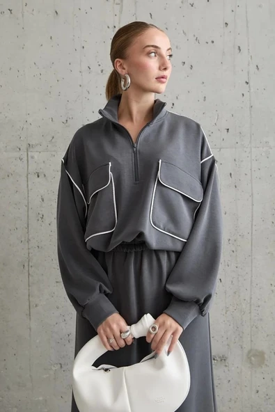 Füme Biyeli Sweatshirt Ve Etek Takım - Resim 2