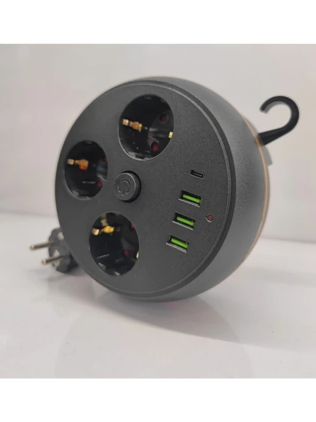 Akım Korumalı Makaralı 2m Kablolu 3 Prizli 3 USB 1 Type-C Priz - 3