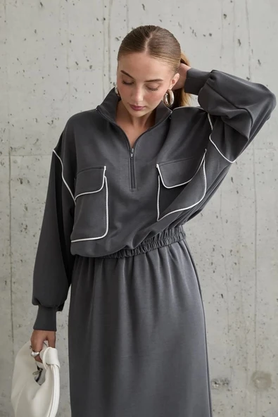 Füme Biyeli Sweatshirt Ve Etek Takım - Resim 3