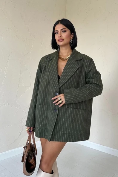 Haki Çizgili Oversize Ceket - 2