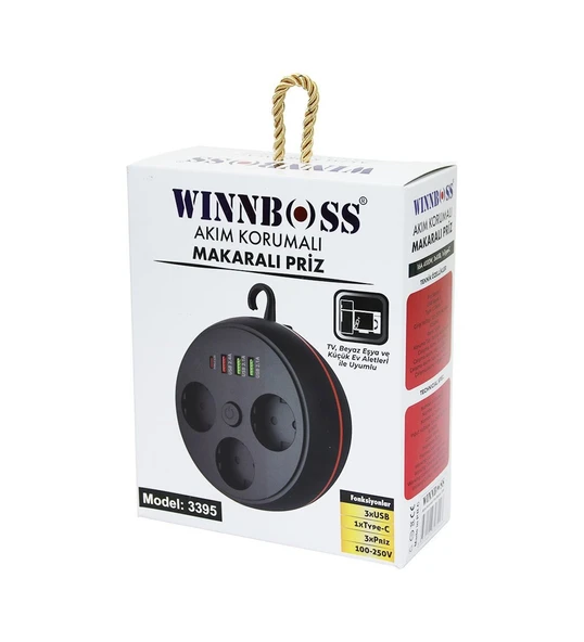 WINBOSS 3395 Akım Korumalı Makaralı 2m Kablolu 3 Prizli 3 USB 1 Type-C Priz