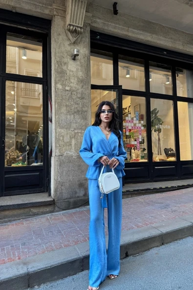 SATEN KRUVAZE BAĞLAMALI BLUZ- PANTOLON TAKIM - Mavi - 4
