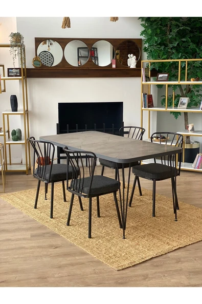 OlcayAksesuar Metal Ayaklı 4 Adet Sandalyeli 150x80 Cm Mutfak Masası Çalışma Masası