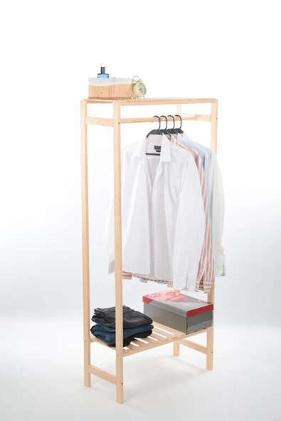 OlcayAksesuar Konfeksiyon Askısı Iki Raflı Elbise Askılığı 148x66 Doğal Ahşap - Resim 2