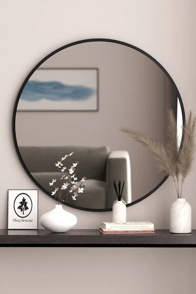 OlcayAksesuar Siyah Dekoratif 58cm Yuvarlak Ayna Antre Hol Koridor Duvar Aynası Salon Mutfak Banyo Wc Ofis Aynası